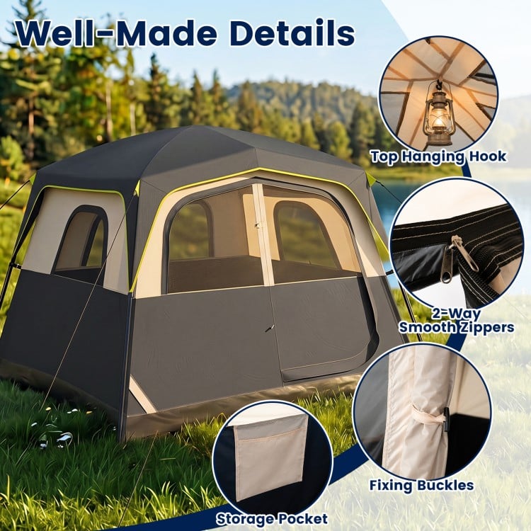 Close-up of the 6-person camping tent featuring 2-way smooth zippers, fixing buckles, and a storage pocket for organization.