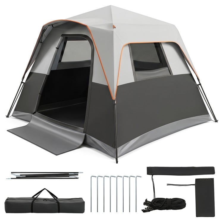 Spacious 6-person outdoor camping tent in grey with rainfly, easy setup, and excellent airflow for group comfort.
