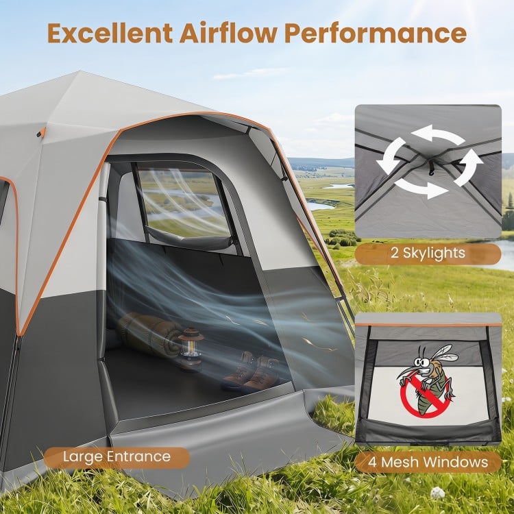Large entrance and 4 mesh windows provide excellent airflow in this 6-person outdoor camping tent with rainfly.