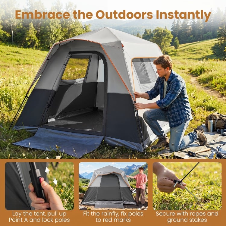 Spacious 6-person grey camping tent with blackout feature, easy setup, and rainfly for versatile outdoor use.
