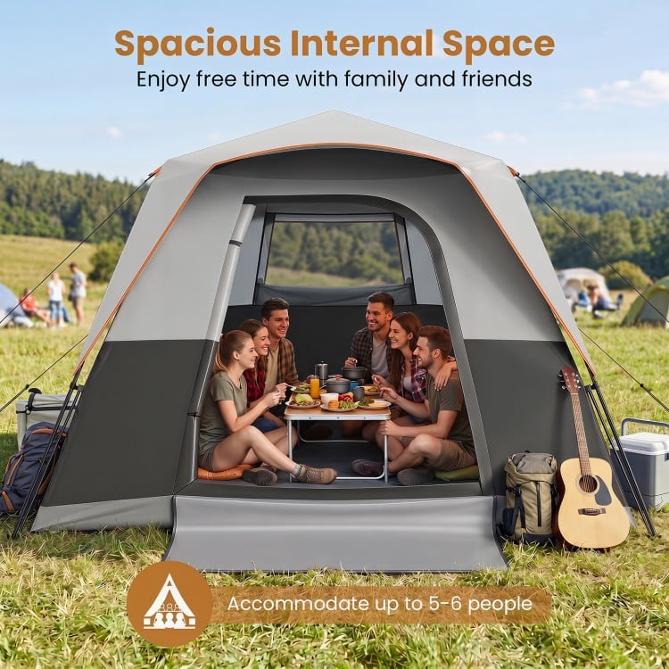 Spacious 6-person outdoor camping tent with blackout feature, ideal for family trips and easy setup in various weather.