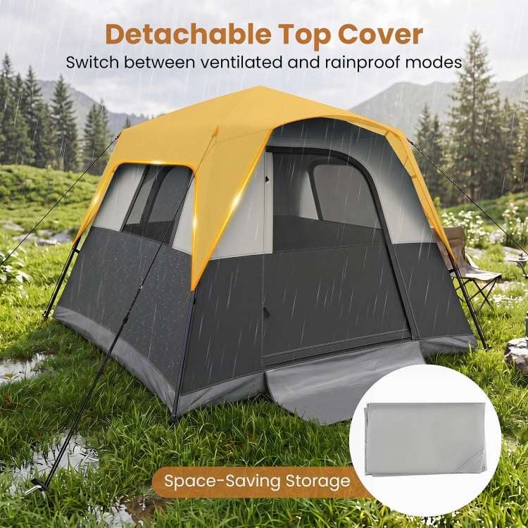 Spacious 6-person outdoor camping tent with a detachable top cover for ventilated or rainproof modes, ideal for group camping.