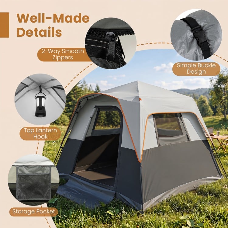 Spacious 6-person grey camping tent features 2-way zippers, storage pocket, and top lantern hook for convenient outdoor use.