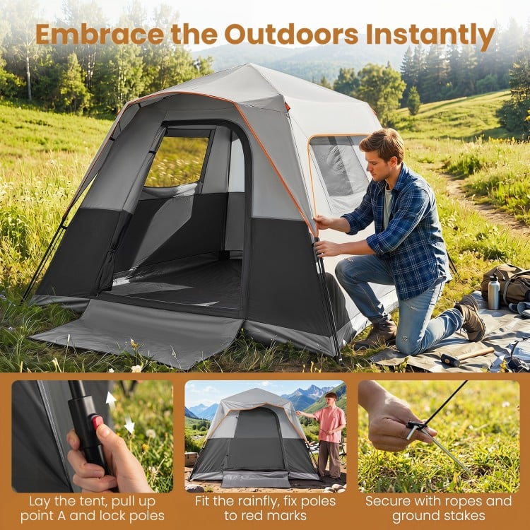 Spacious 6-person grey camping tent with blackout feature, easy setup, and excellent airflow for outdoor adventures.
