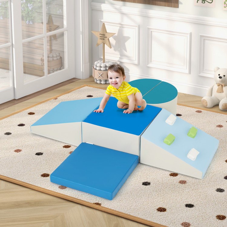 Soft play set for toddlers featuring blue climbing blocks and a triangle ramp, promoting developmental skills and easy.