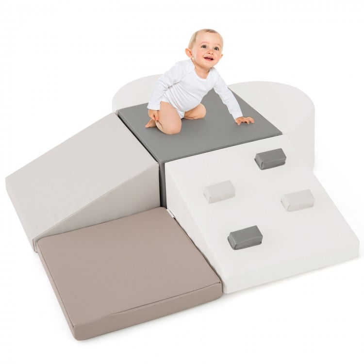 Soft play set for toddlers featuring climbing triangle and ramp, made of high-density foam with waterproof PU leather.