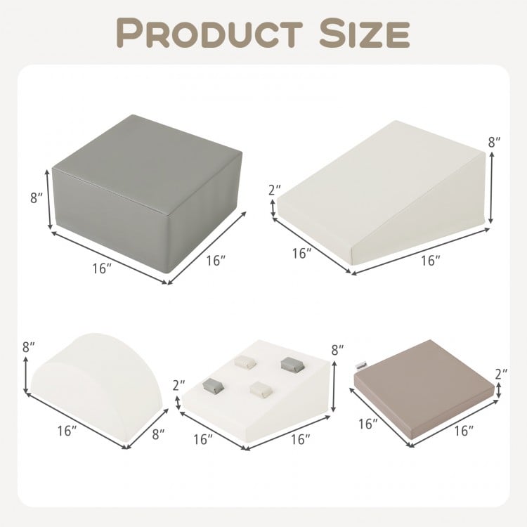 Product size chart showing dimensions of the 6-piece soft play set for toddlers, featuring climbing blocks in various.