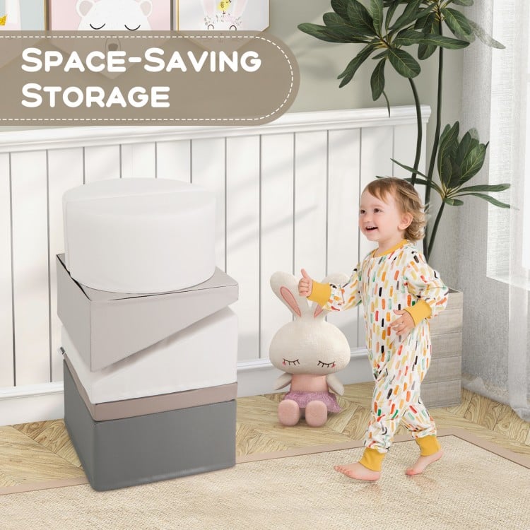 Soft play set for toddlers featuring stacked foam blocks in white, promoting developmental skills and space-saving.