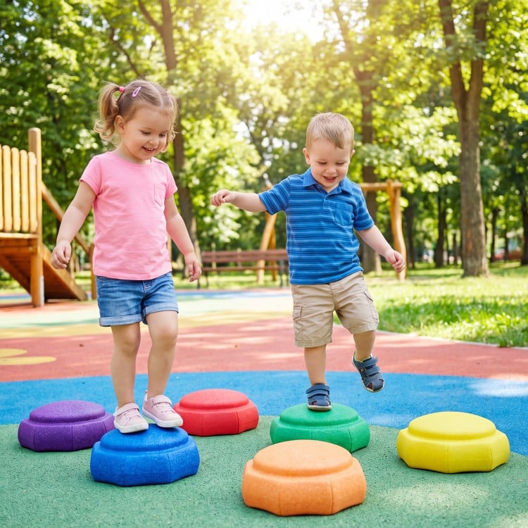 Colorful 6-piece stepping stones for kids, promoting sensory play and coordination in outdoor settings.