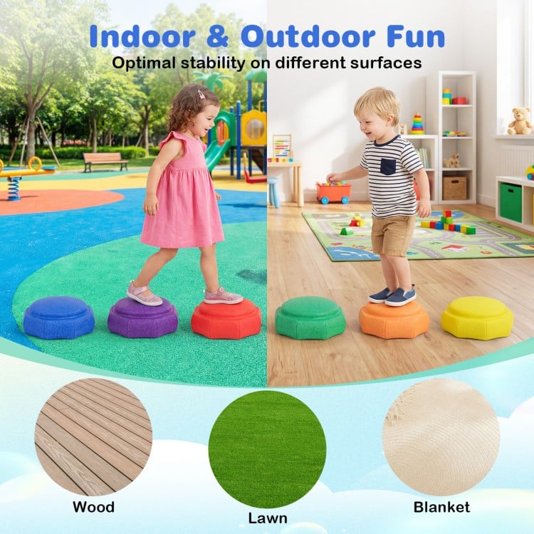 Colorful 6-piece stepping stones for kids, made of durable EPP material, ideal for indoor and outdoor sensory play.