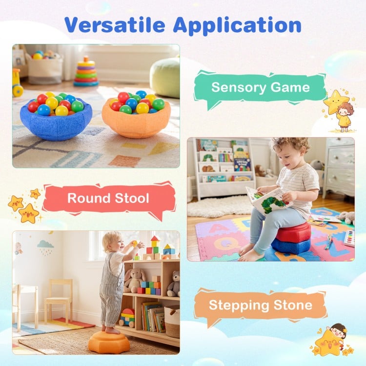 Colorful 6-piece stepping stones for kids, promoting sensory play and coordination, suitable for indoor and outdoor use.