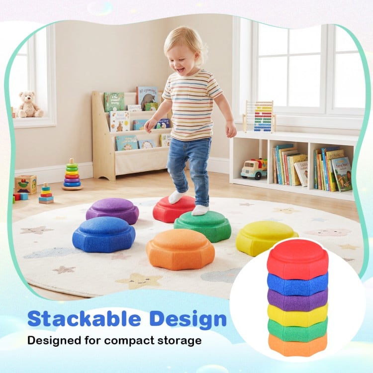 Colorful 6-piece stepping stones for kids, designed for sensory play and coordination, featuring a stackable design for.