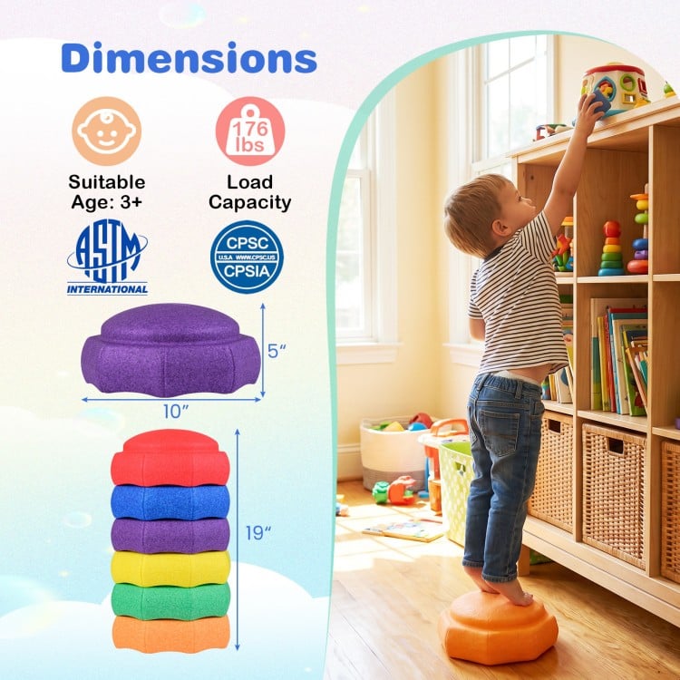 Colorful 6-piece stepping stones for kids, 19" wide, promoting sensory play and coordination indoors and outdoors.