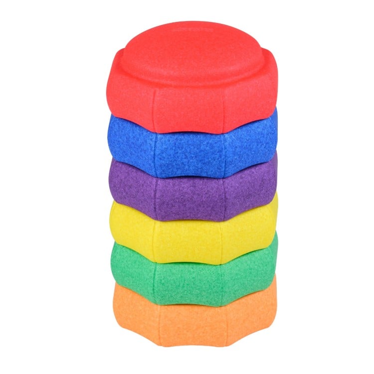 Colorful 6-piece stacking stepping stones for kids, made from durable EPP material, ideal for sensory play and.