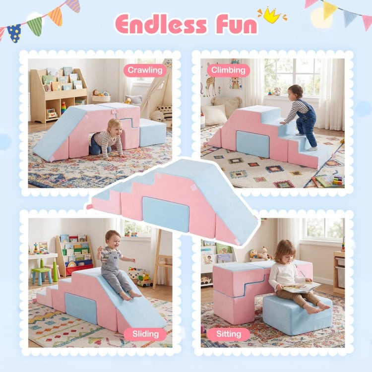 Colorful 6-piece toddler indoor play gym with climbing frame and foam blocks for crawling, sliding, and imaginative play.