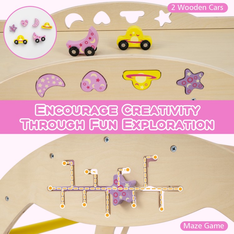 Colorful wooden maze game with two toy cars, designed to encourage creativity and exploration in toddlers.