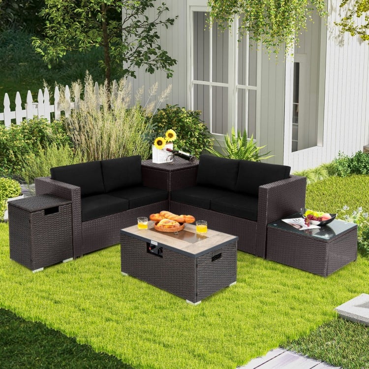 Outdoor wicker furniture set featuring a 32-inch propane fire pit table in black, perfect for backyard gatherings.