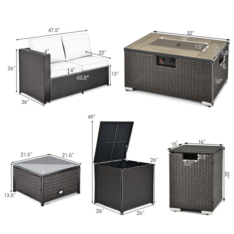 Outdoor wicker furniture set featuring a 32-inch propane fire pit table in black, showcasing various angles and.