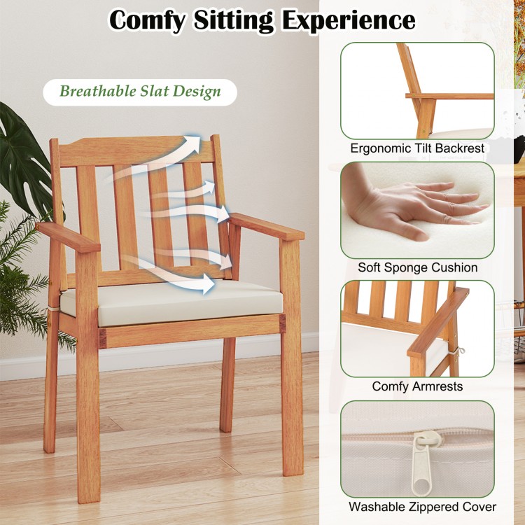 Acacia wood armchair with breathable slat design and soft sponge cushion for comfortable outdoor dining.