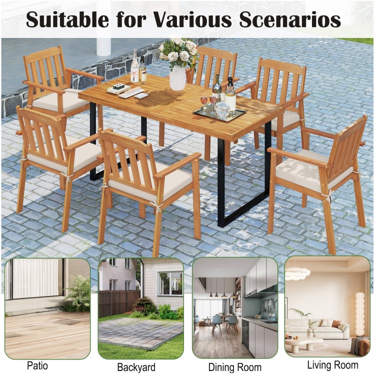 6-piece patio dining set featuring a 63” acacia wood table, 4 armchairs, and a versatile backless bench for outdoor use.