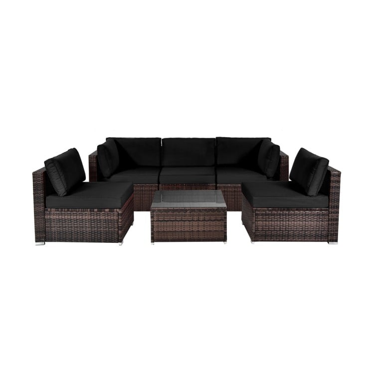 6-piece patio rattan furniture set in black with cushions and glass coffee table, perfect for outdoor relaxation.