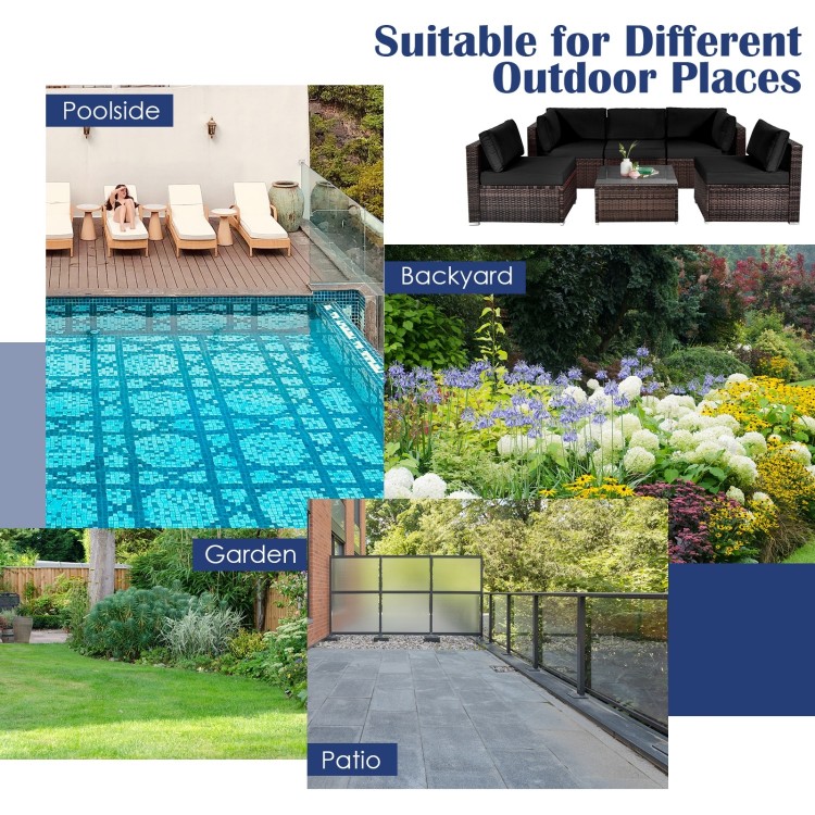 6-piece black patio rattan furniture set with cushions, ideal for outdoor use in garden, poolside, or backyard.