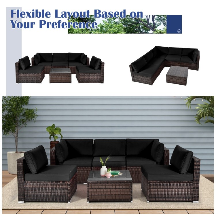 6-piece patio rattan furniture set in black with cushions and glass coffee table, ideal for outdoor relaxation.
