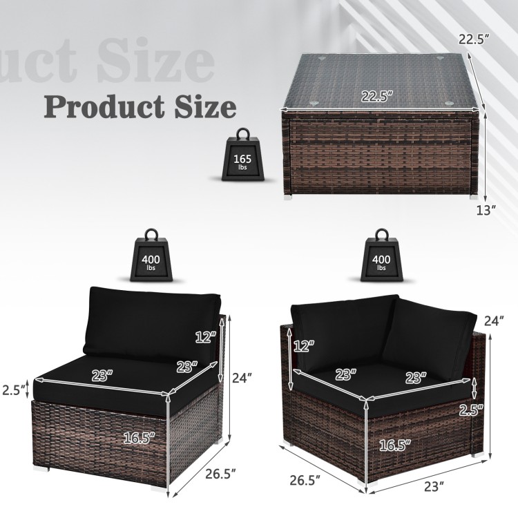 Detailed product size chart for the 6 pieces patio rattan furniture set with cushions and glass coffee table.