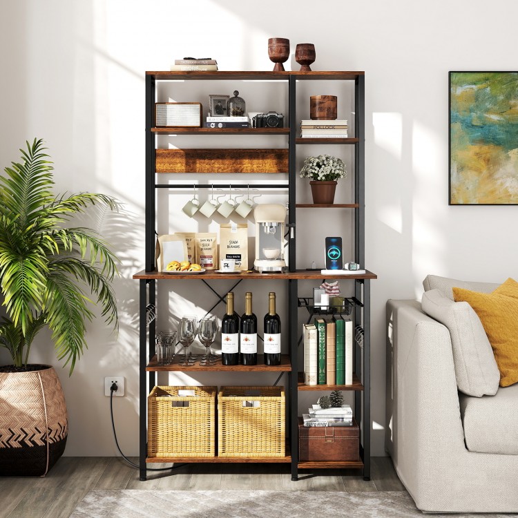 6-tier rustic brown bakers rack with open shelves, power outlets, and S-shaped hooks for kitchen organization.