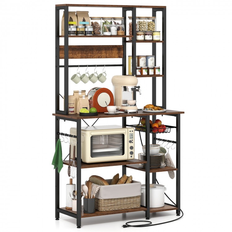 6-tier bakers rack with rustic brown wood shelves, metal frame, and built-in power outlet for kitchen convenience.