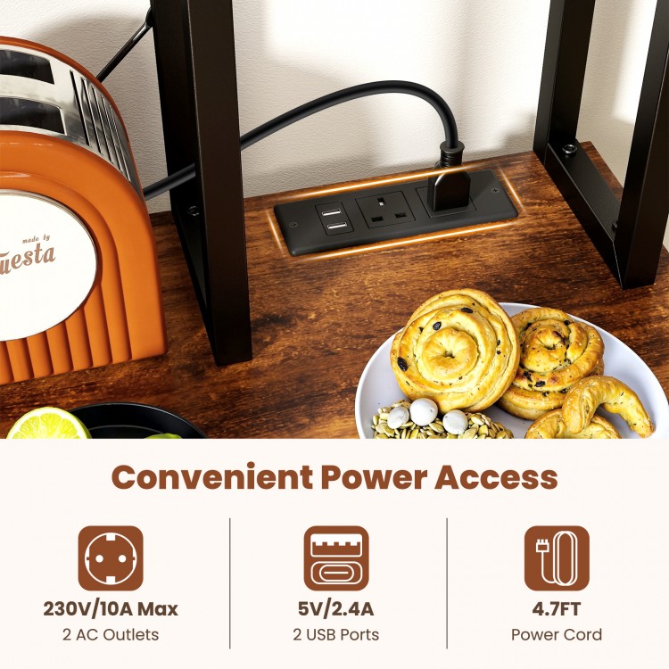 6-tier bakers rack with built-in power outlet, USB ports, and rustic brown finish, ideal for kitchen organization.