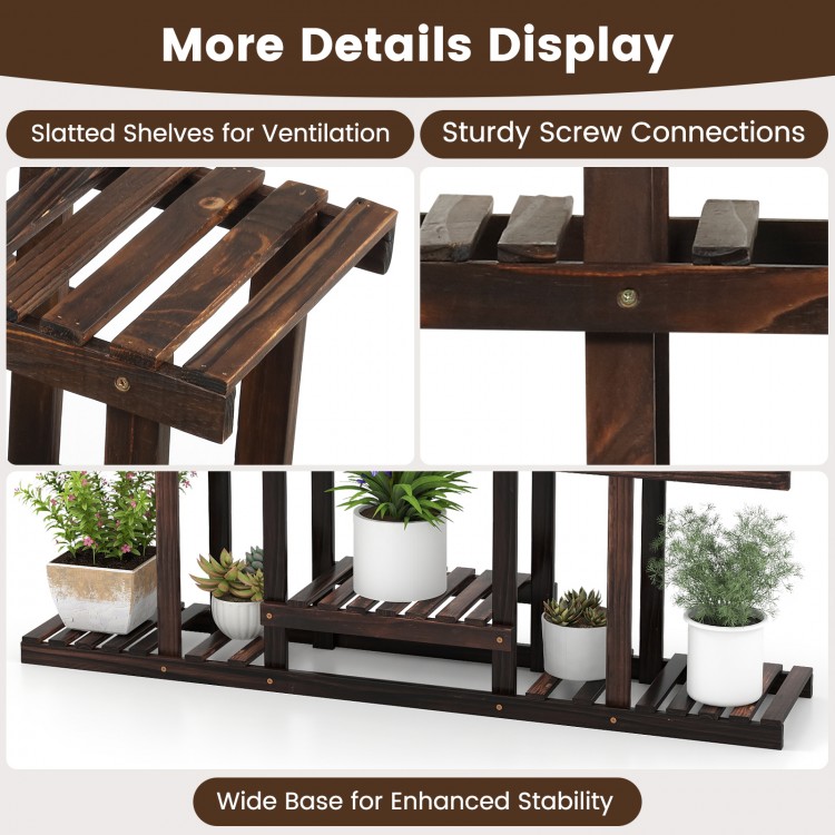 Close-up of the 6-tier flower wood stand with slatted shelves, sturdy screw connections, and wide base for stability.