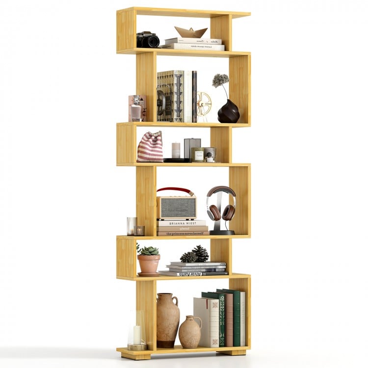6-tier geometric bookshelf made of wood, featuring anti-tipping kits, ideal for modern home office storage.