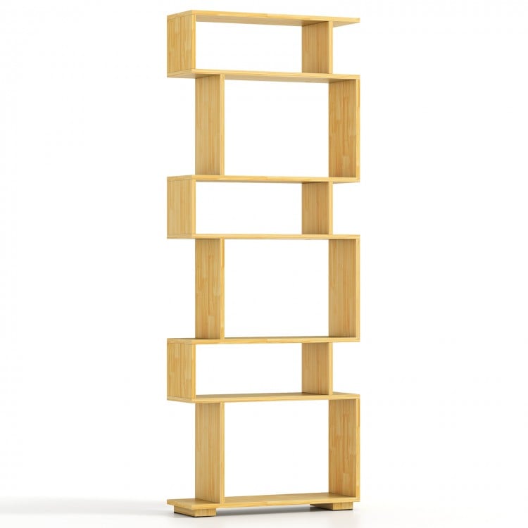 6-tier geometric bookshelf made of high-quality wood, featuring anti-tipping kits, ideal for home office storage.