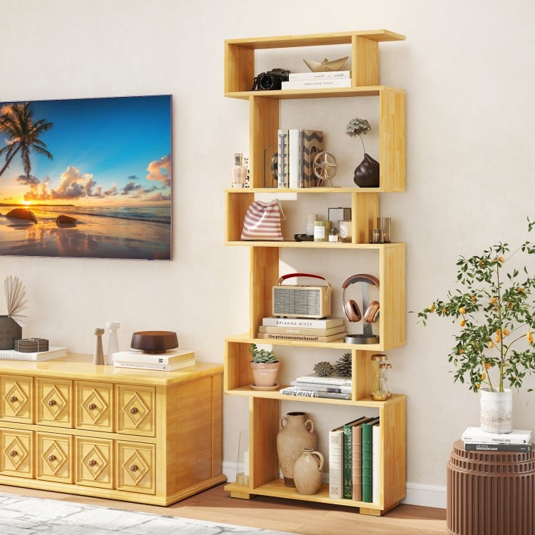 6-tier geometric bookshelf made of wood, featuring anti-tipping kits, ideal for modern home office or living room.
