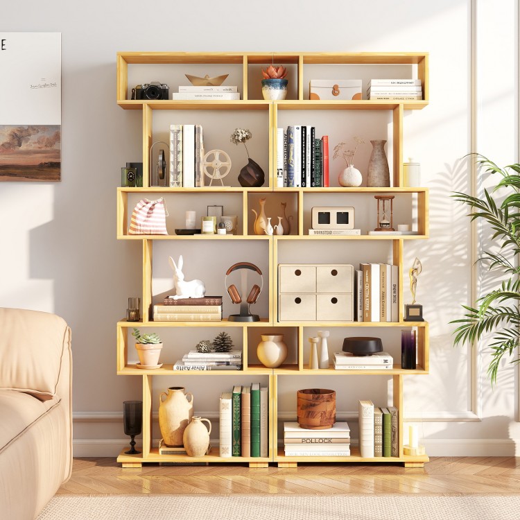 Geometric 6-tier bookshelf in wood with anti-tipping kits, perfect for modern storage in home office or living room.
