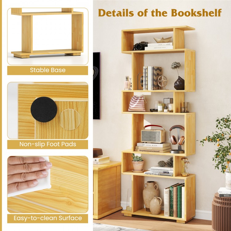 6-tier geometric bookshelf in wood with anti-tipping kits, non-slip foot pads, and easy-to-clean surface for home.
