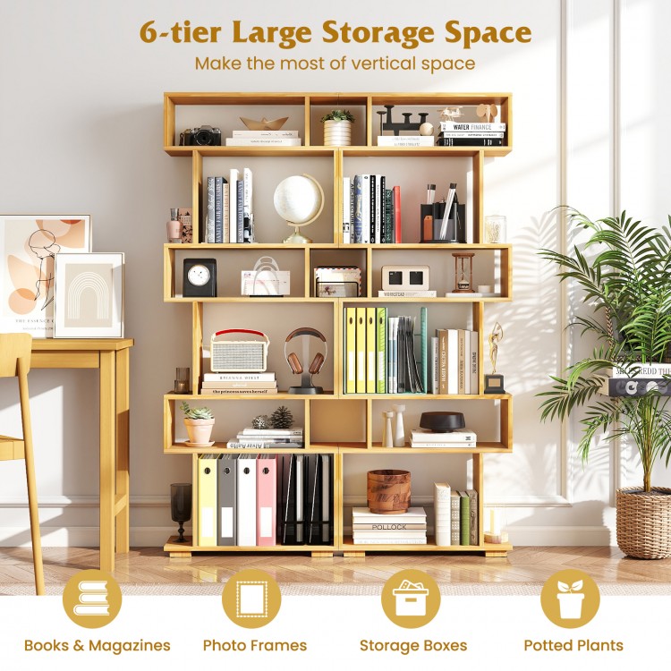 6-tier geometric bookshelf in wood with anti-tipping kits, perfect for maximizing storage in home office or living room.