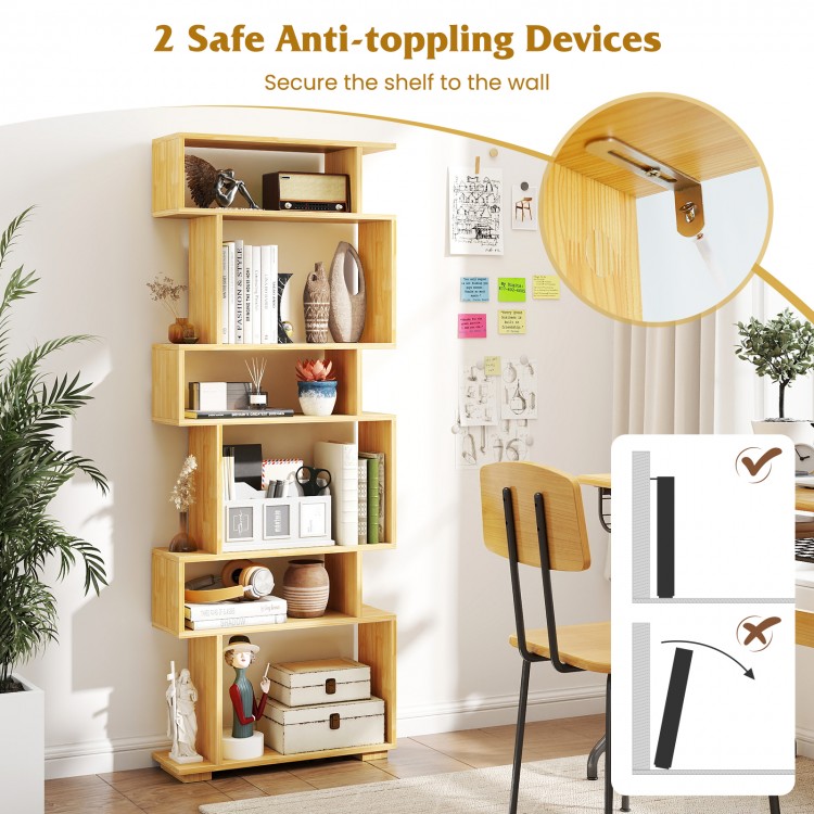 6-tier geometric bookshelf with 2 anti-tipping kits, made of high-quality wood, ideal for home office storage.