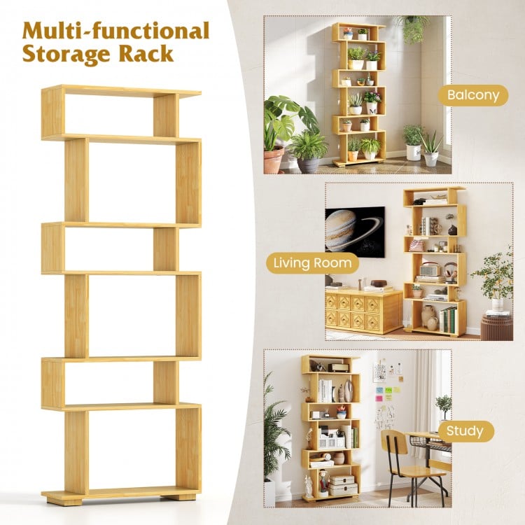 6-tier geometric bookshelf made of wood, featuring anti-tipping kits, ideal for study or living room storage.