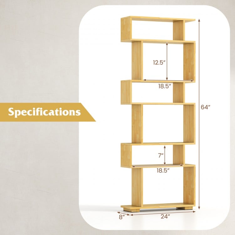 6-tier geometric bookshelf with dimensions 64"x24"x8", made of wood, includes anti-tipping kits for safety.