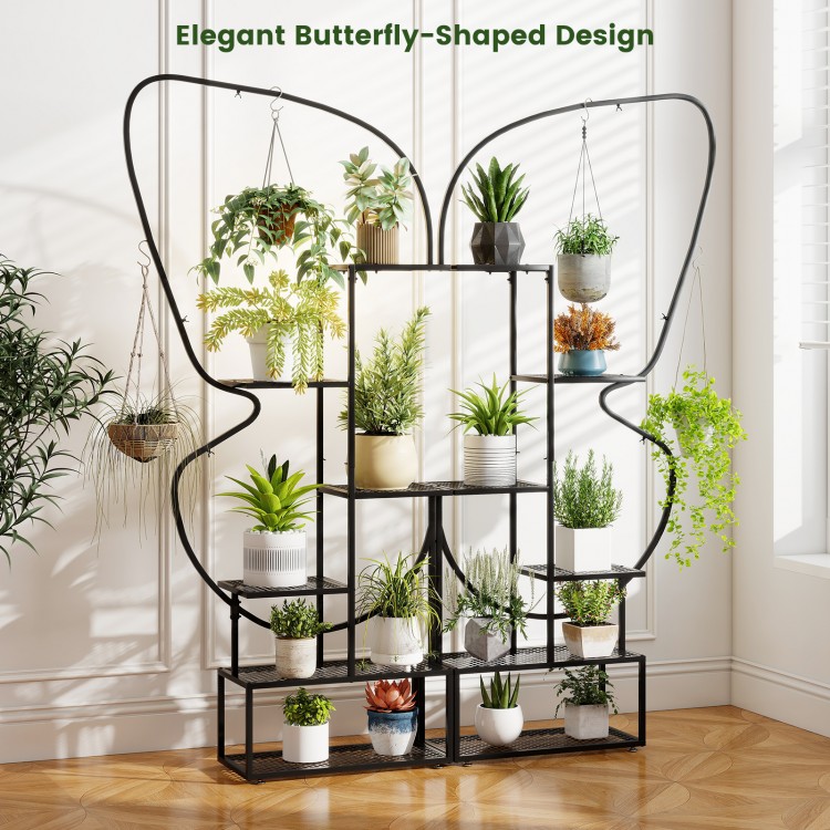 Elegant butterfly-shaped 6-tier black metal plant stand with 12 shelves and 4 hanging hooks for versatile display.
