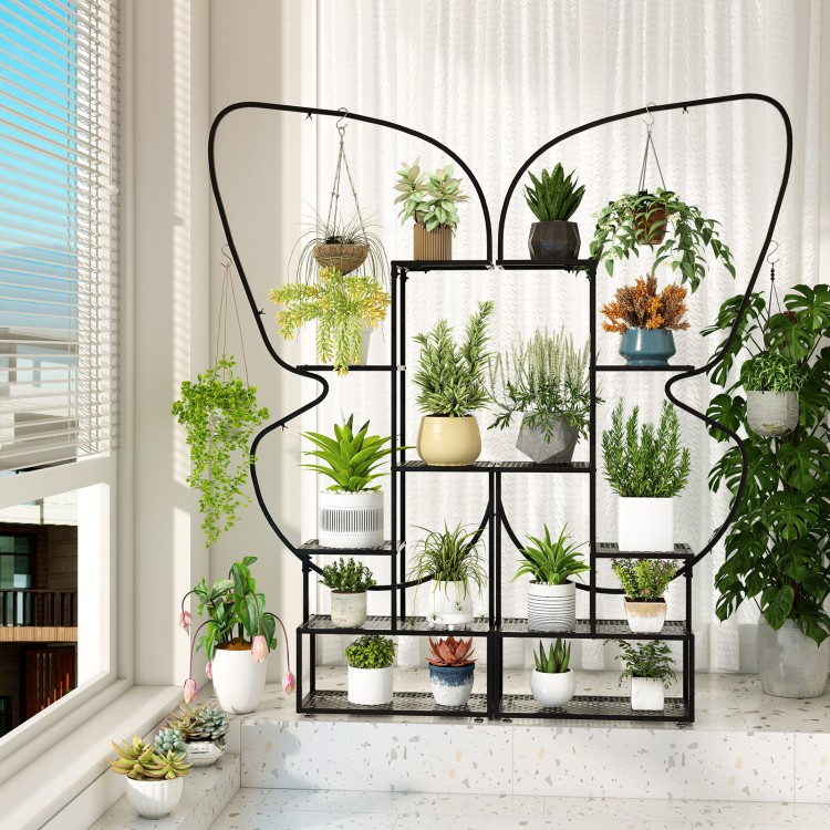 6-tier black metal plant stand with butterfly design, featuring 12 shelves and 4 hanging hooks for versatile plant.