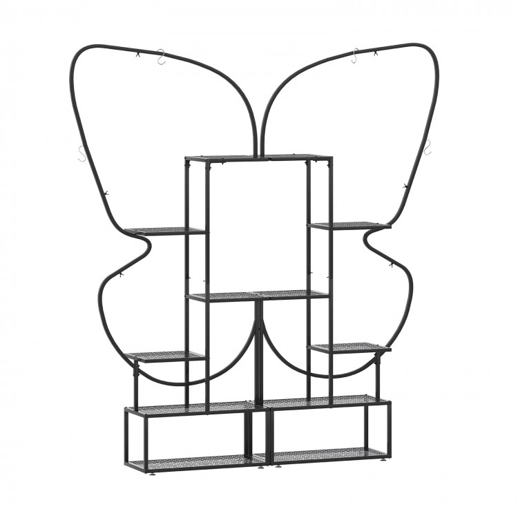 Stylish black metal plant stand with butterfly shape, featuring 12 shelves for various plants and 4 hooks for hanging.
