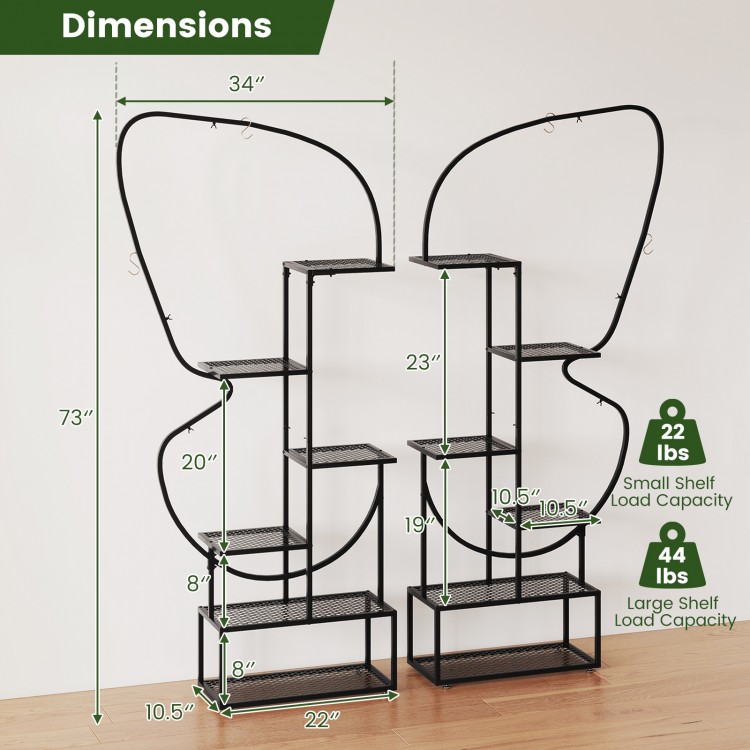 6-tier black metal plant stand ladder display rack with hanging hooks, featuring a butterfly shape and adjustable foot.
