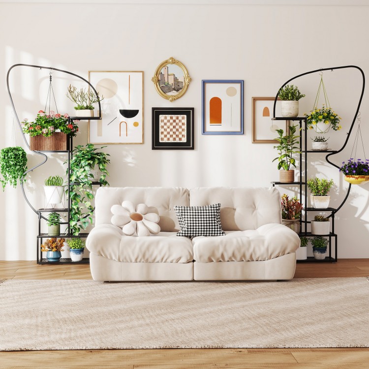 Elegant black 6-tier metal plant stand with butterfly design, showcasing various potted plants and hanging decorations.