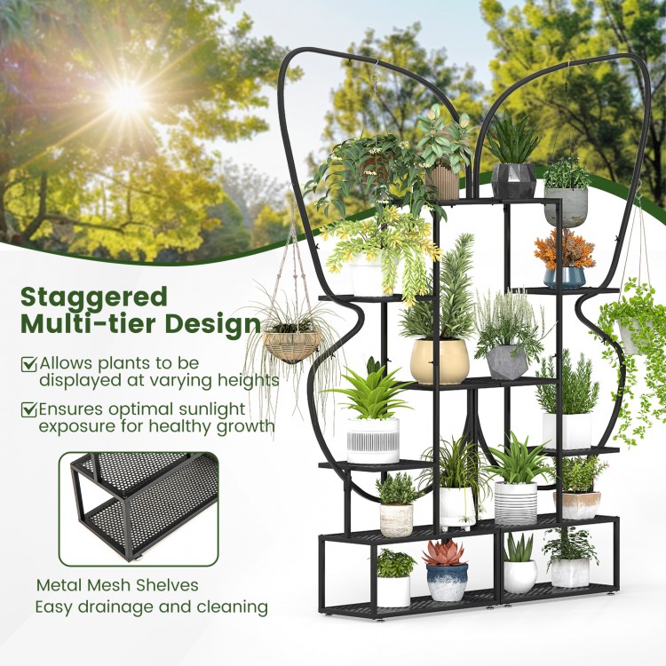 6-tier black metal plant stand with butterfly design, featuring staggered shelves for optimal sunlight and drainage.