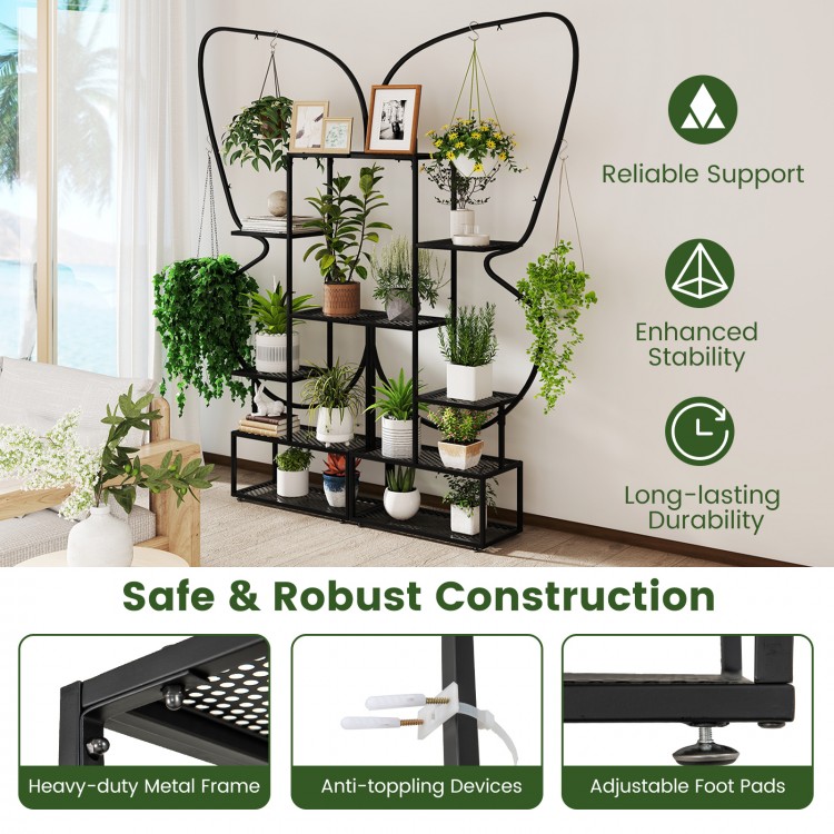 6-tier black metal plant stand with butterfly design, featuring adjustable foot pads and anti-toppling devices for.