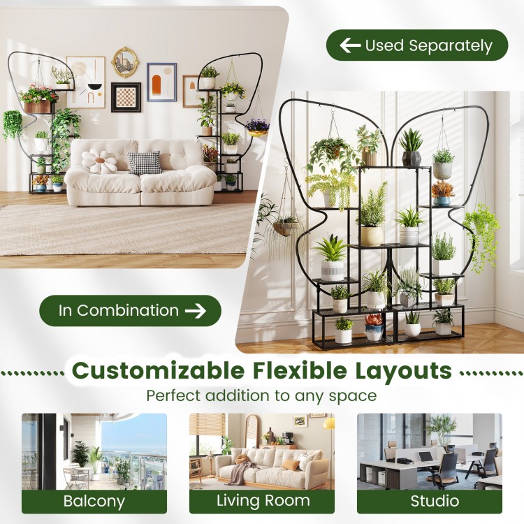 6-tier black metal plant stand with butterfly design, featuring 12 shelves and 4 hooks, ideal for living rooms and.