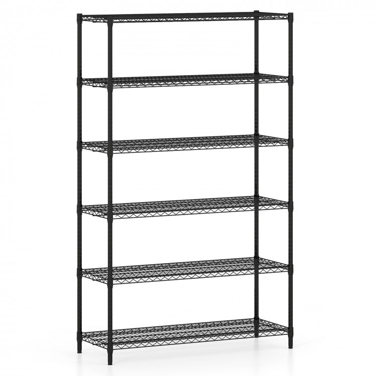 6-tier black metal storage shelving unit with V-shaped wire racks, adjustable shelves for garage or home use.